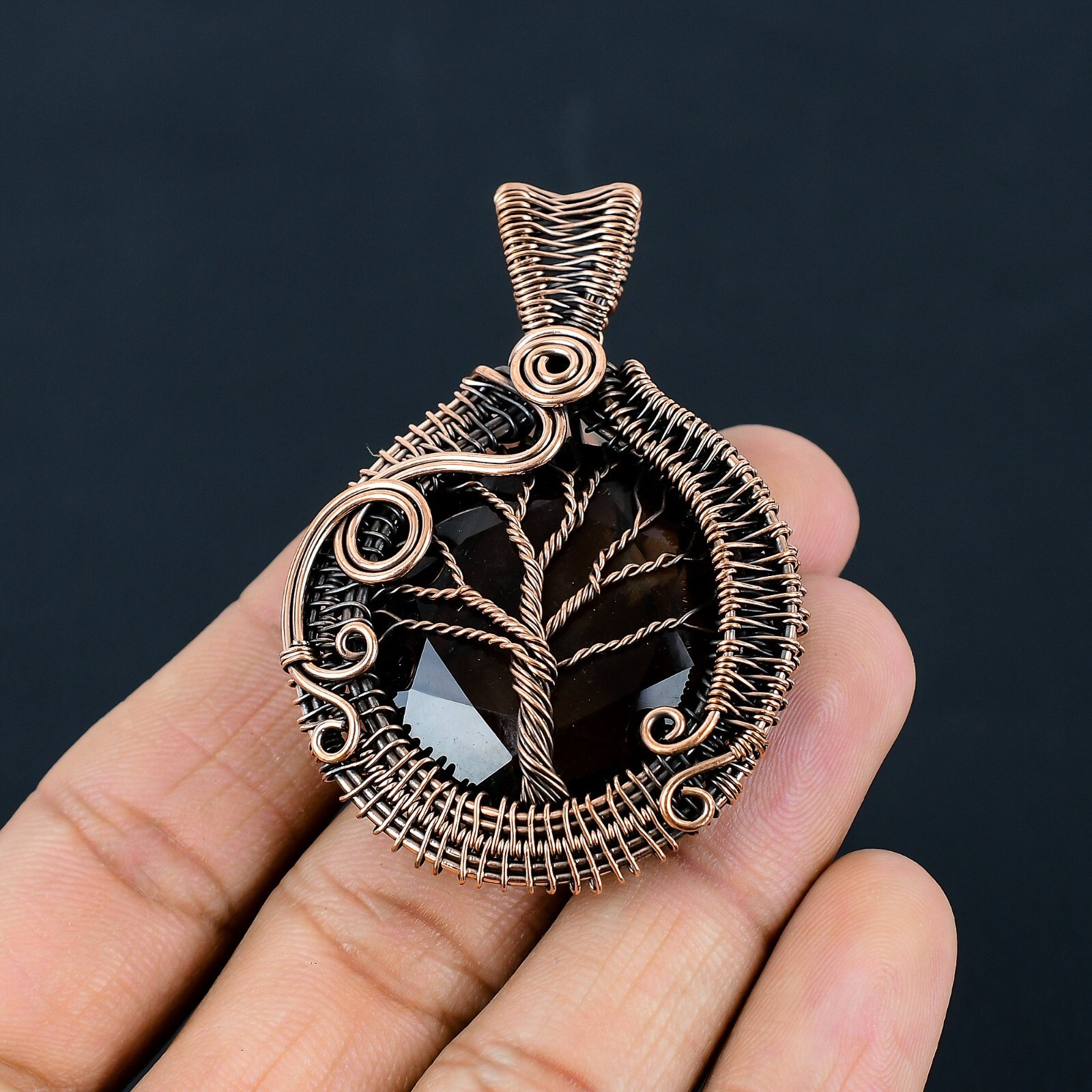 Tree Of Life Smoky Quartz Gemstone Copper Wire Wrapped Pendant Jewelry LC-268