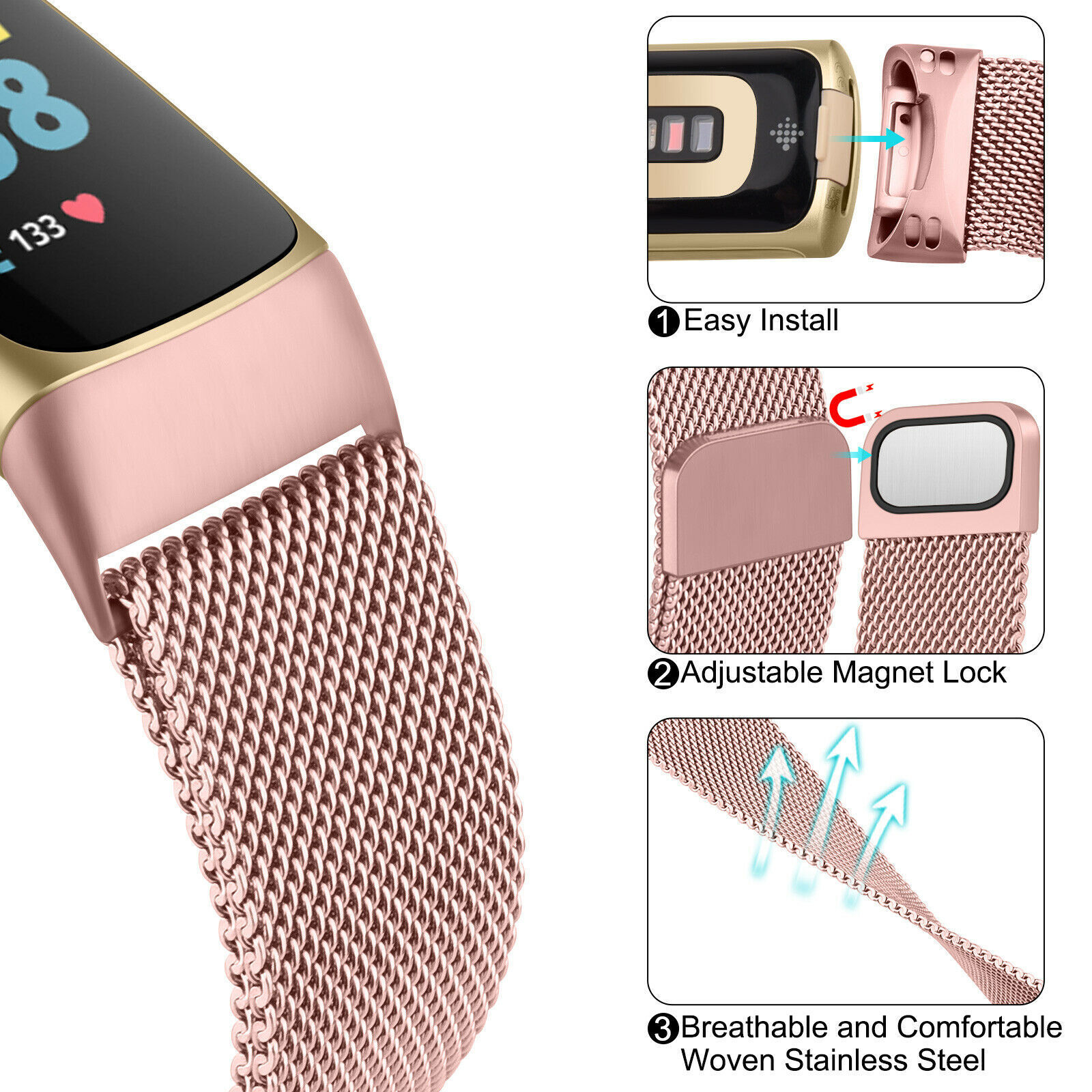 Magnet Milanese Loop Metal Stainless Steel Watch Band Strap For Fitbit Charge 5