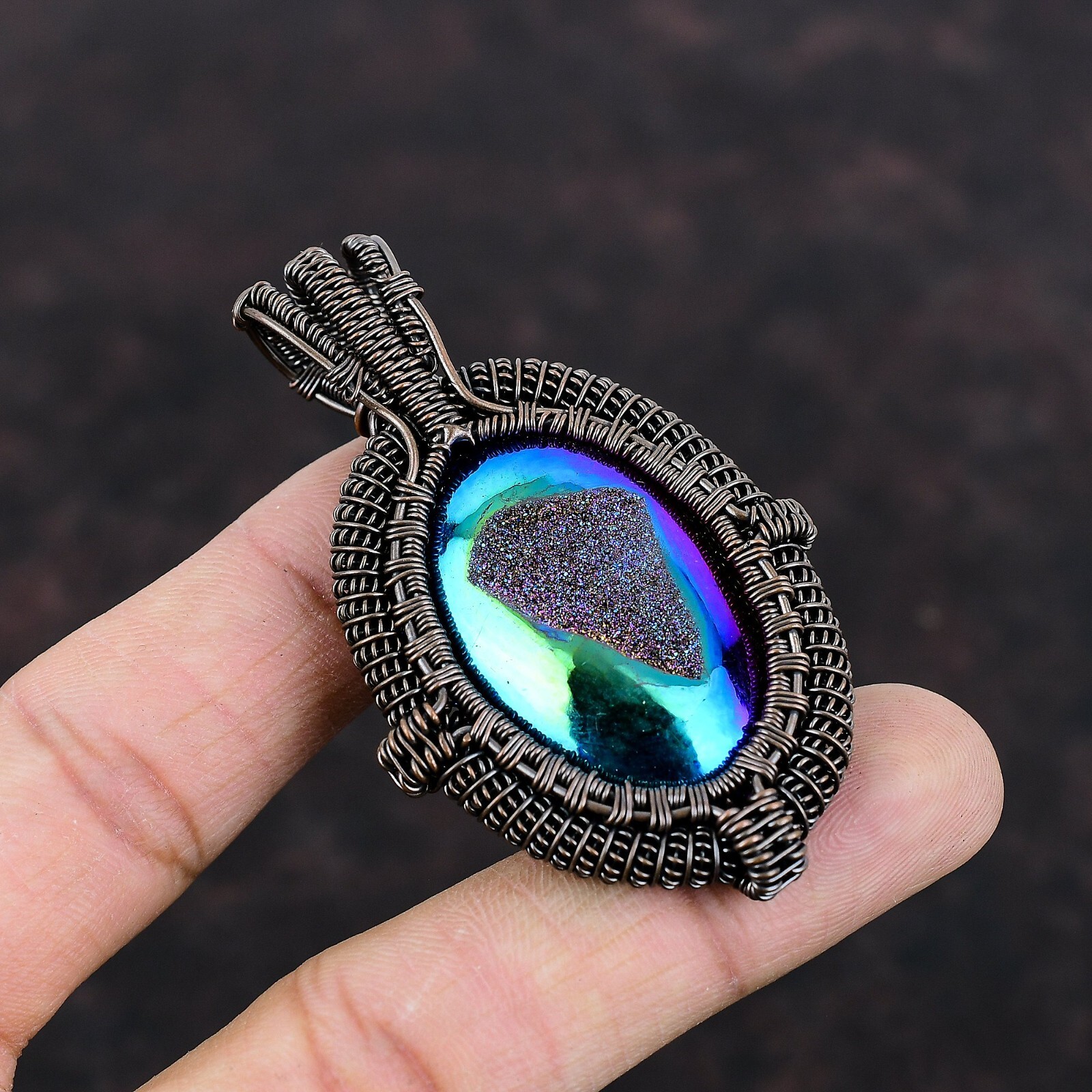 Women’s Day Gift Titanium Druzy Copper Gift For Bestie Wire Wrapped Pendant 2.6″