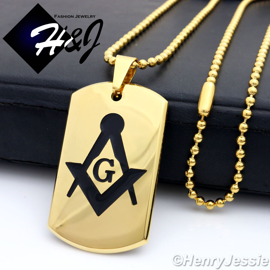 24″Stainless Steel 2.5mm Gold/Black Plated Bead Chain MASONIC Dog Tag Pendant*71