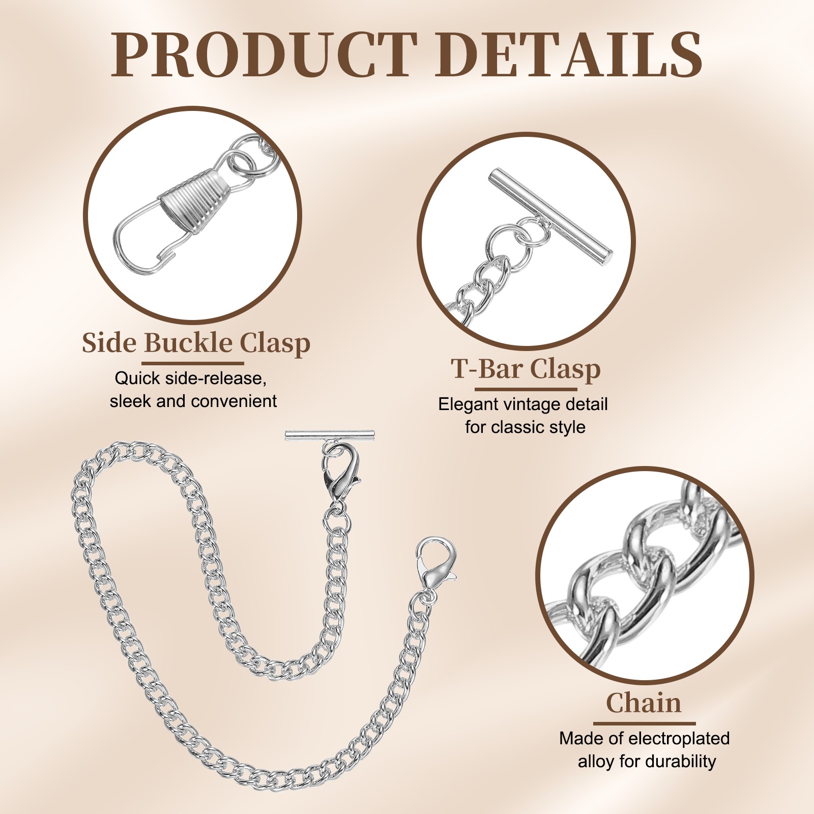 Pocket Watch Chains 12.6″ (32cm) Mental Chains with Side Buckle Clasp, Silver