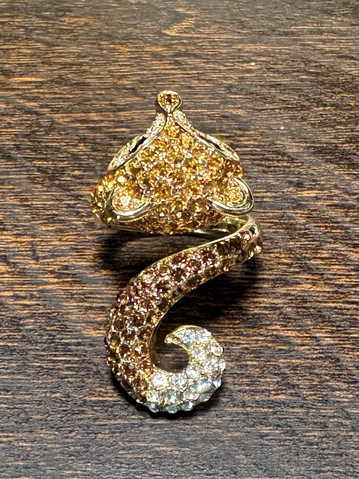 Gold Tone Fox Wrap Cocktail Ring Adjustable Amber Black Round Crystal Accents