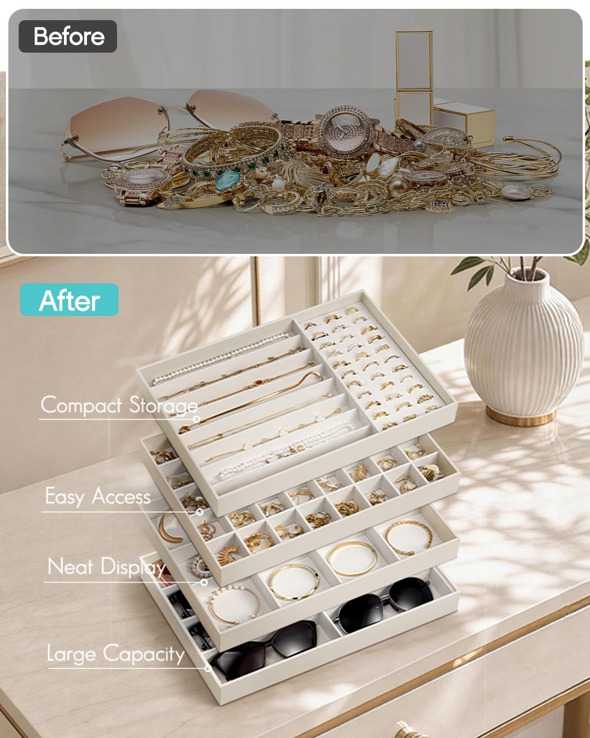 Stackable Jewelry Tray, Drawer Organizer for Bracelets, Beige