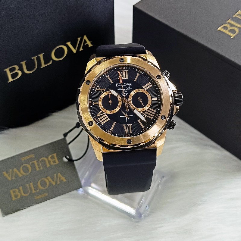 Bulova Marine Star-98B104-Men Black Rubber Strap Quartz Watch Rose Gold Dial44mm