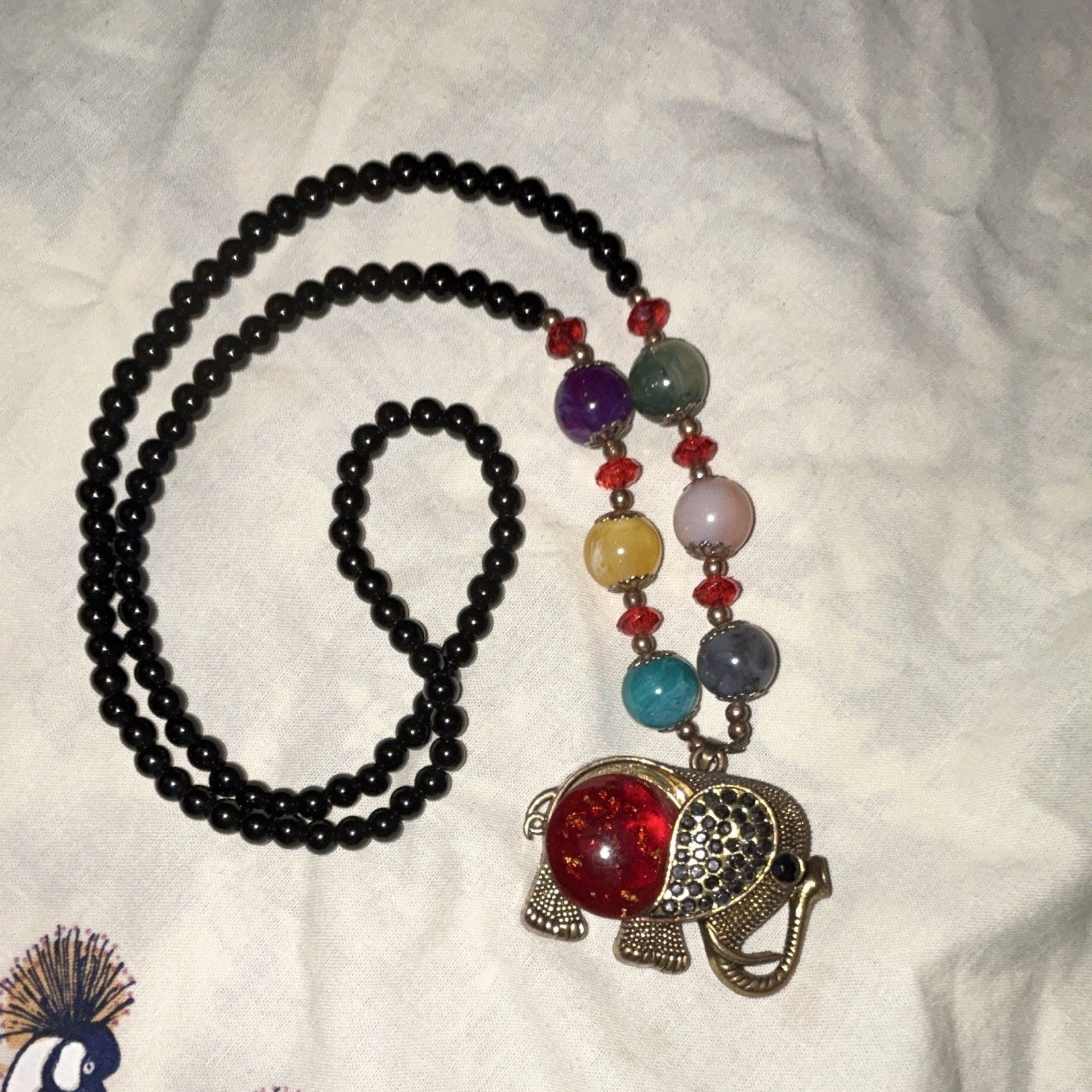 Multicolor Beaded Ball Chain Necklace Elephant Charm Pendant Plastic Metal
