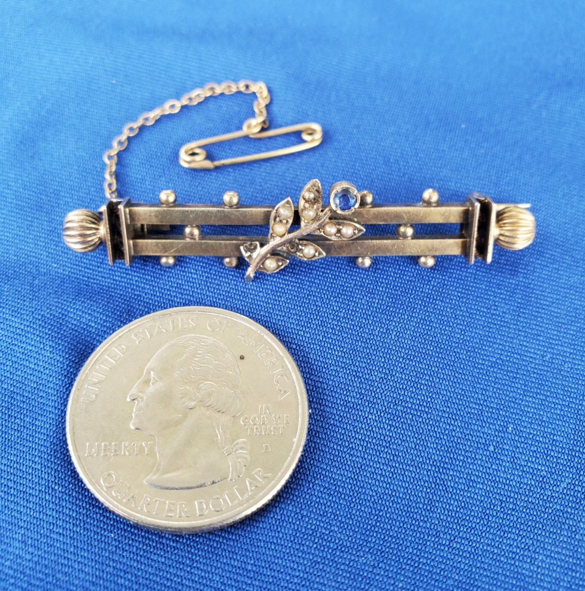 Original VICTORIAN SAPPHIRE PEARL Deco BROOCH 9K GOLD 4.2 GRAMS 2″ INCH Vintage