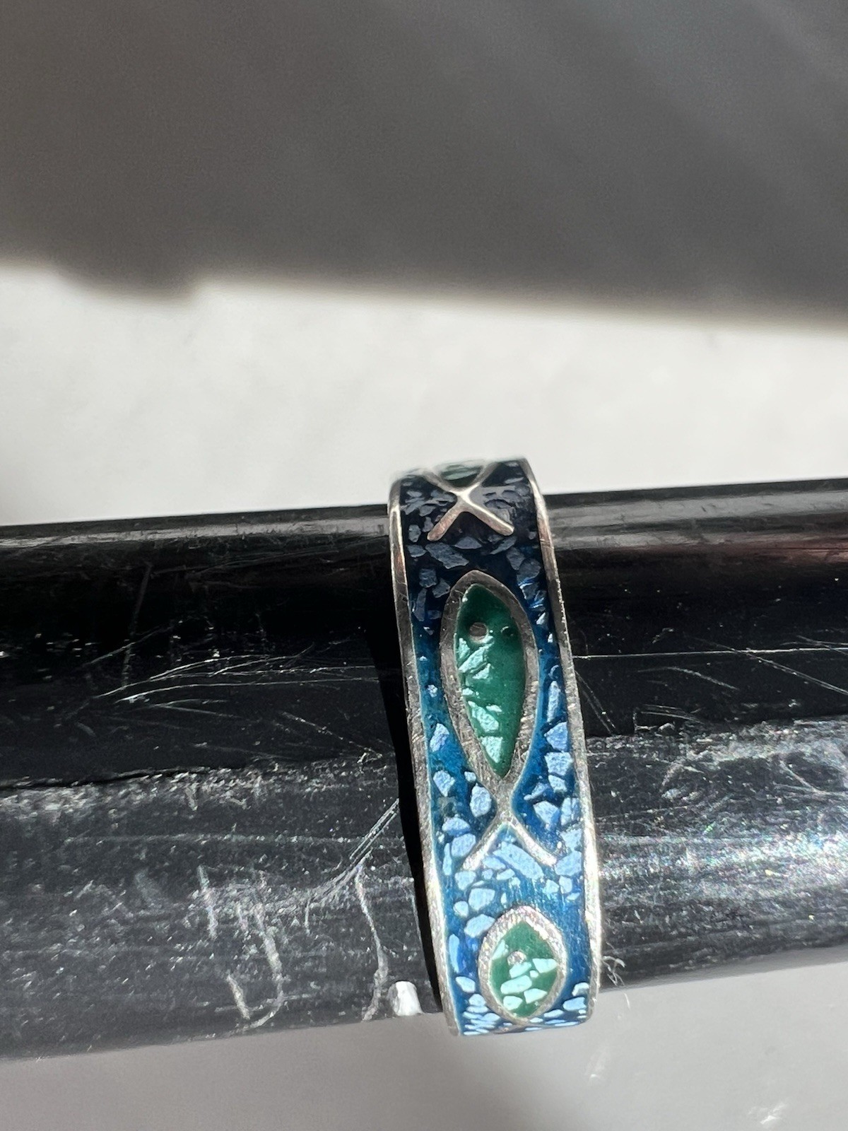 Vintage Antique Solid 14k Gold 585 Stamp Enamel Fish Figure Blue Ring Size 6.75
