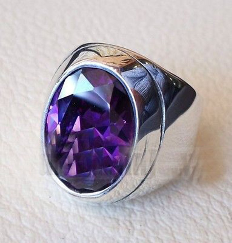 Solid 925 Sterling Silver AA Natural Purple Amethyst Gemstone Men’s Unisex Ring