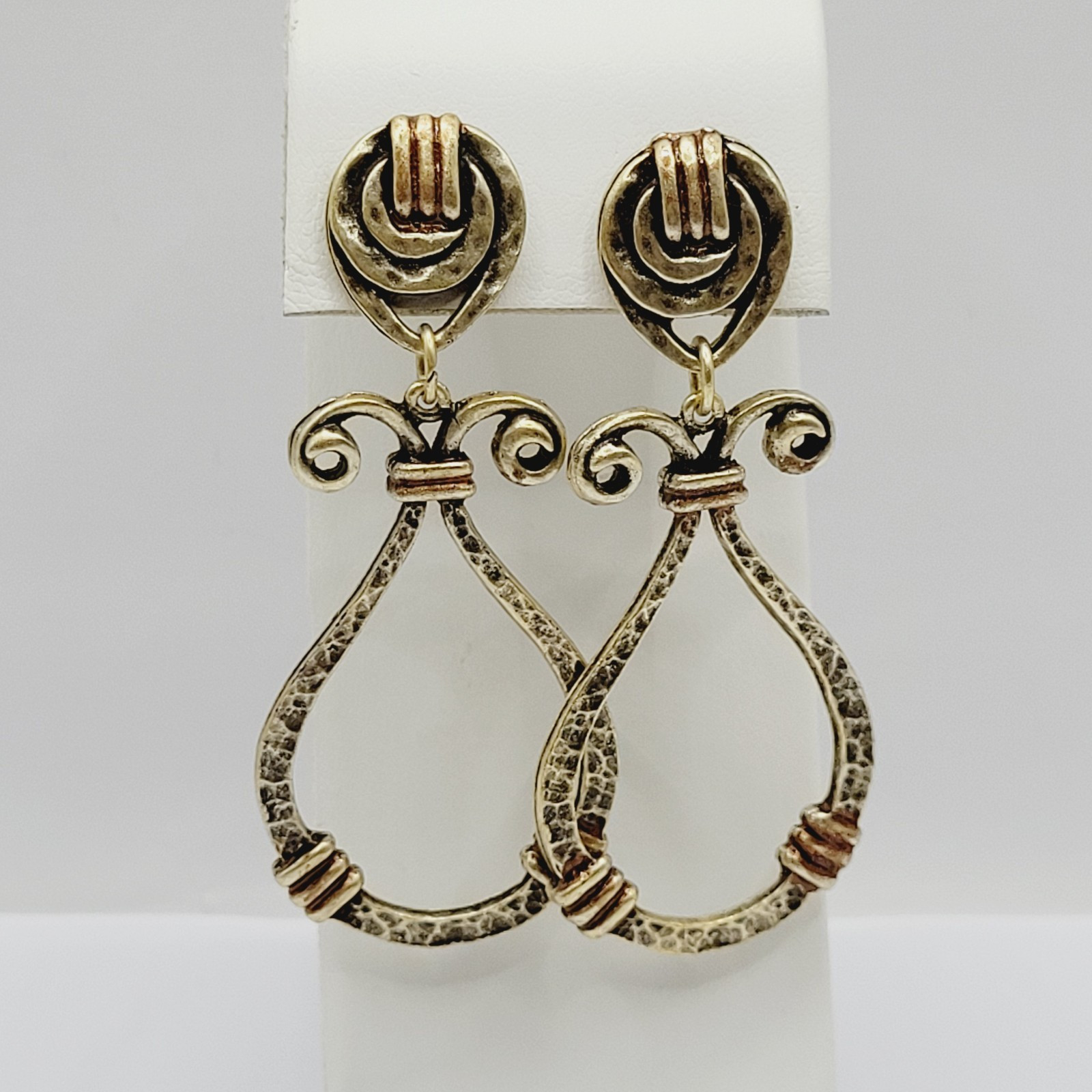 Modern Geometric Loop Hammered Look Ornate Stud Mix Metal Tone Pierced Earrings