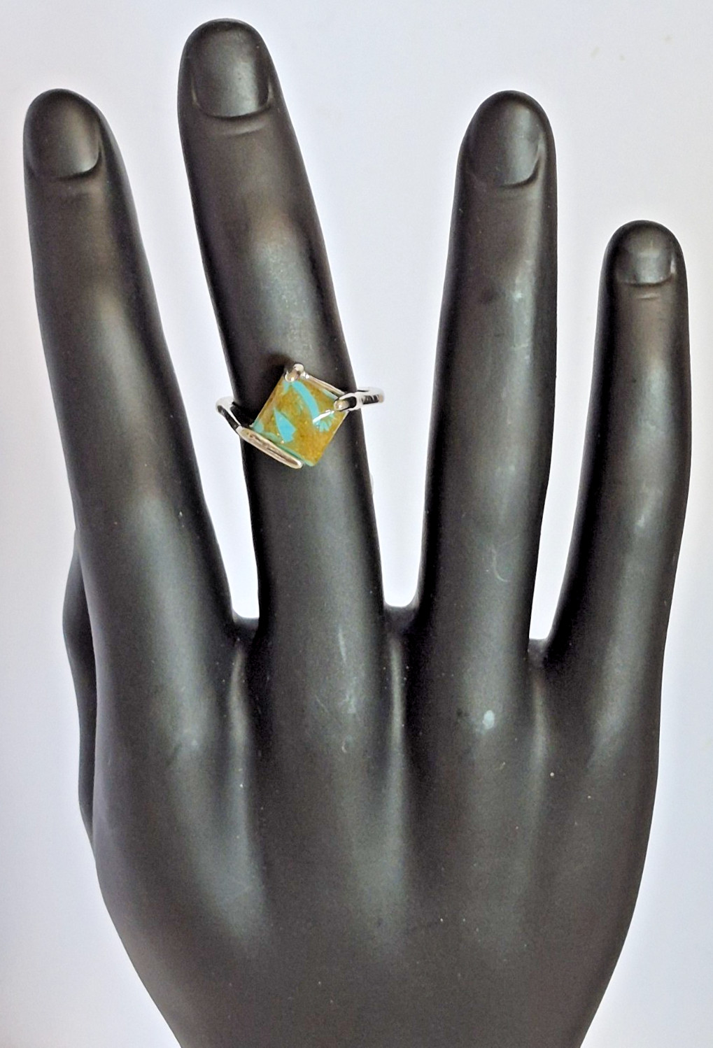 Silver-Toned Ring W/ Turquoise and Gold Looking Square Stone Size 8.5