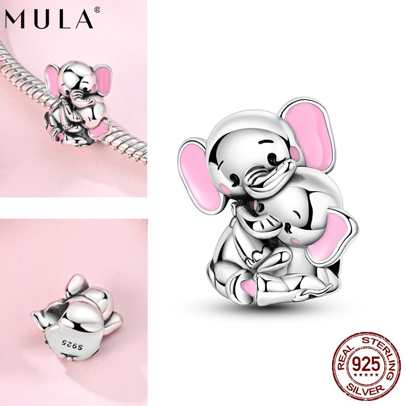 MULA Pink Elephant Mother 925 Sterling Silver DIY Charm for Women Bracelet