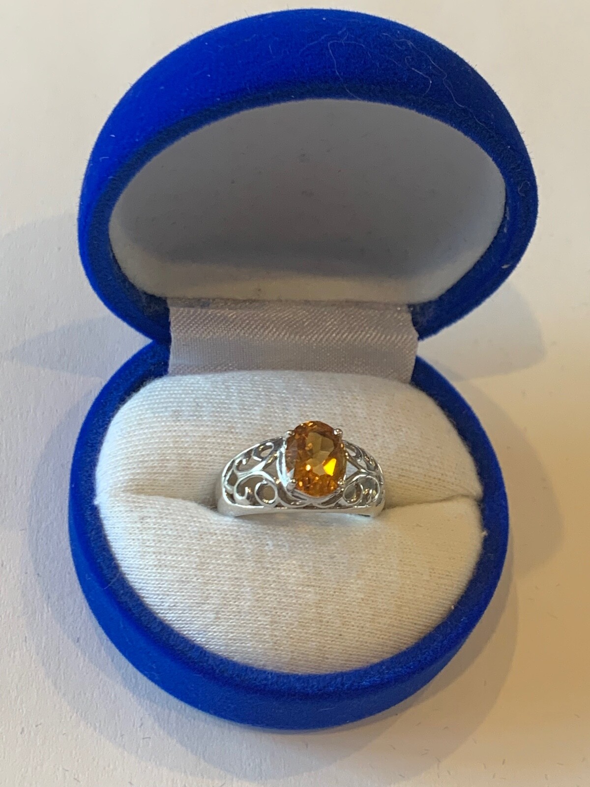 #418. Citrine Solid 14K W/hite Gold Ring, Size 6, Stamped 14K