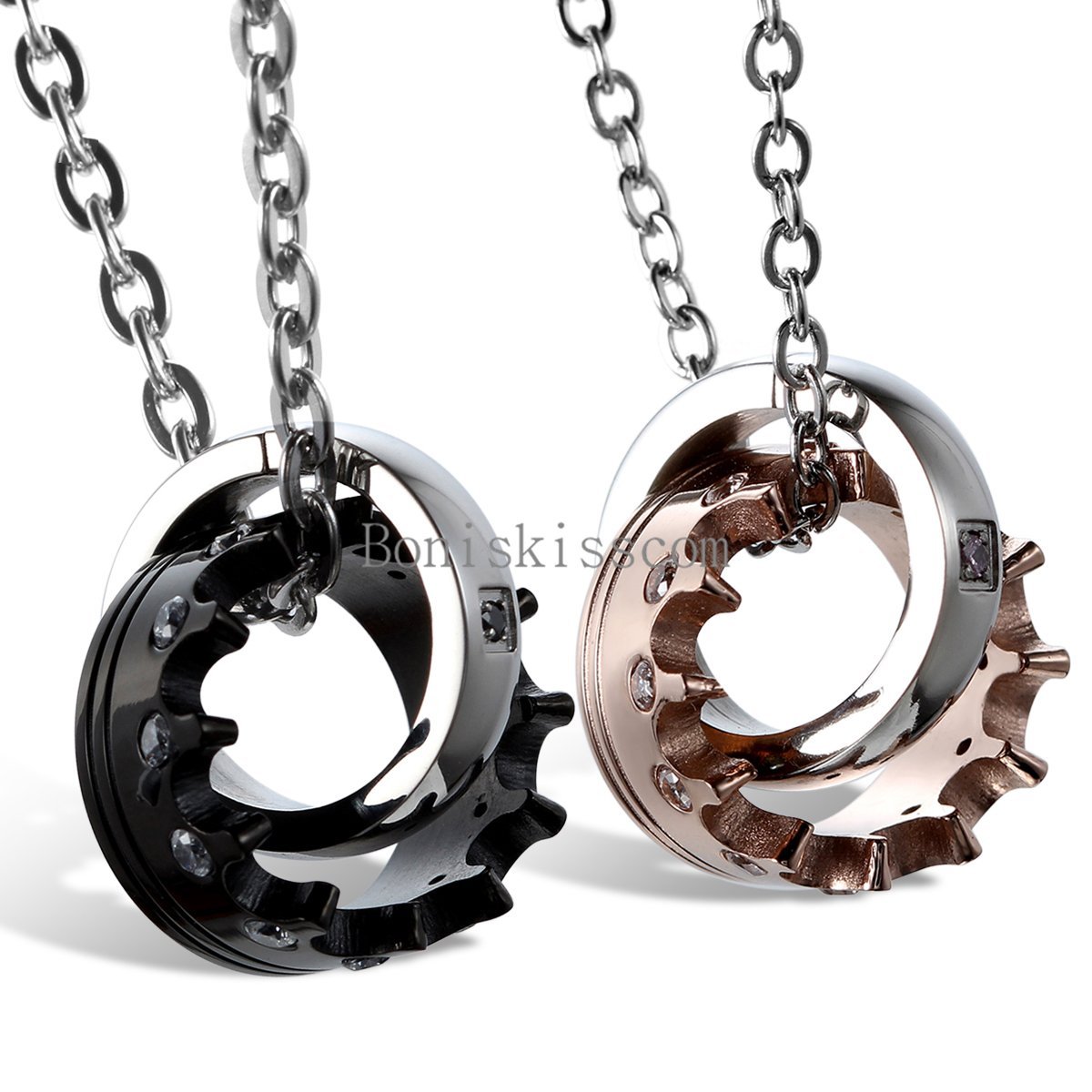 2pcs Couple His and Hers Stainless Steel Queen Crown Ring Pendant Necklace Chain