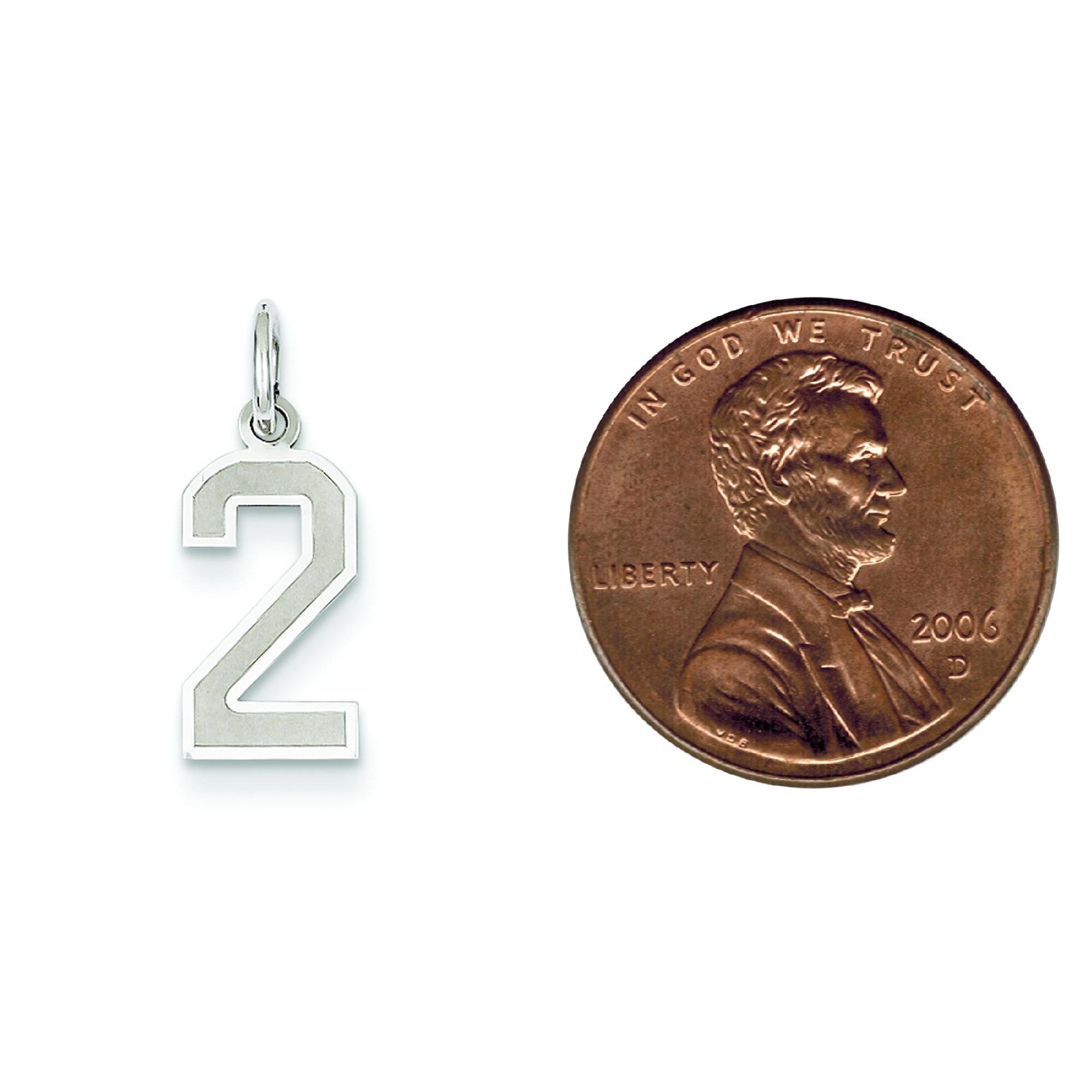 14K White Gold Small Satin Number 2 Charm Pendant Jewerly 19mm x 7mm