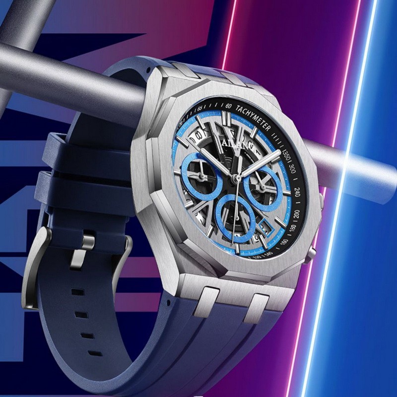 AILANG Men Skeleton Dodecagonal Multifunction Chronograph Luminous Quartz Watch