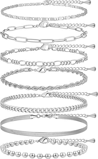 7 Pack Sterling Silver Anklets Beaded Rope Figaro Paperclip Cuban Chain Set