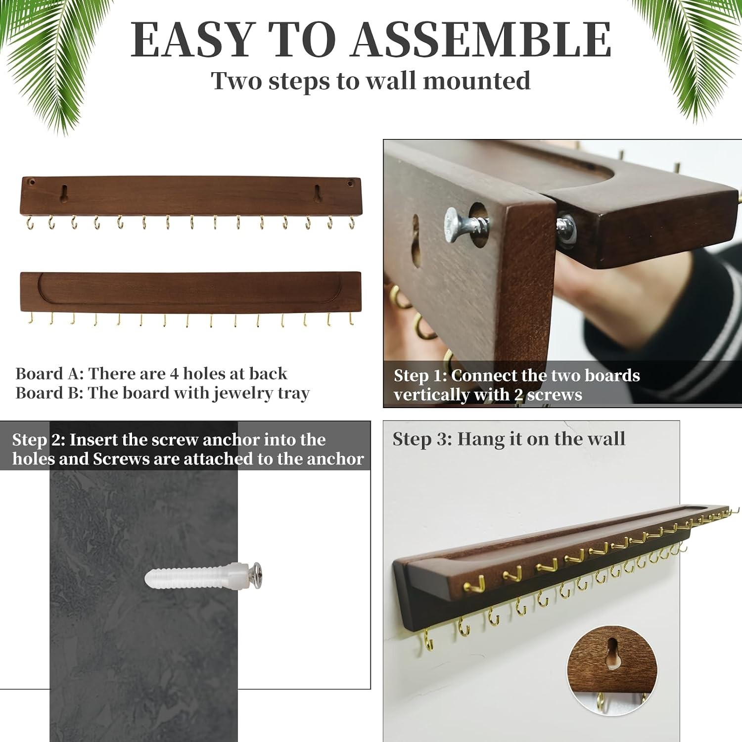 Elegant 30-Hook Necklace Organizer Wall-Mounted Jewelry Holder in Walnut