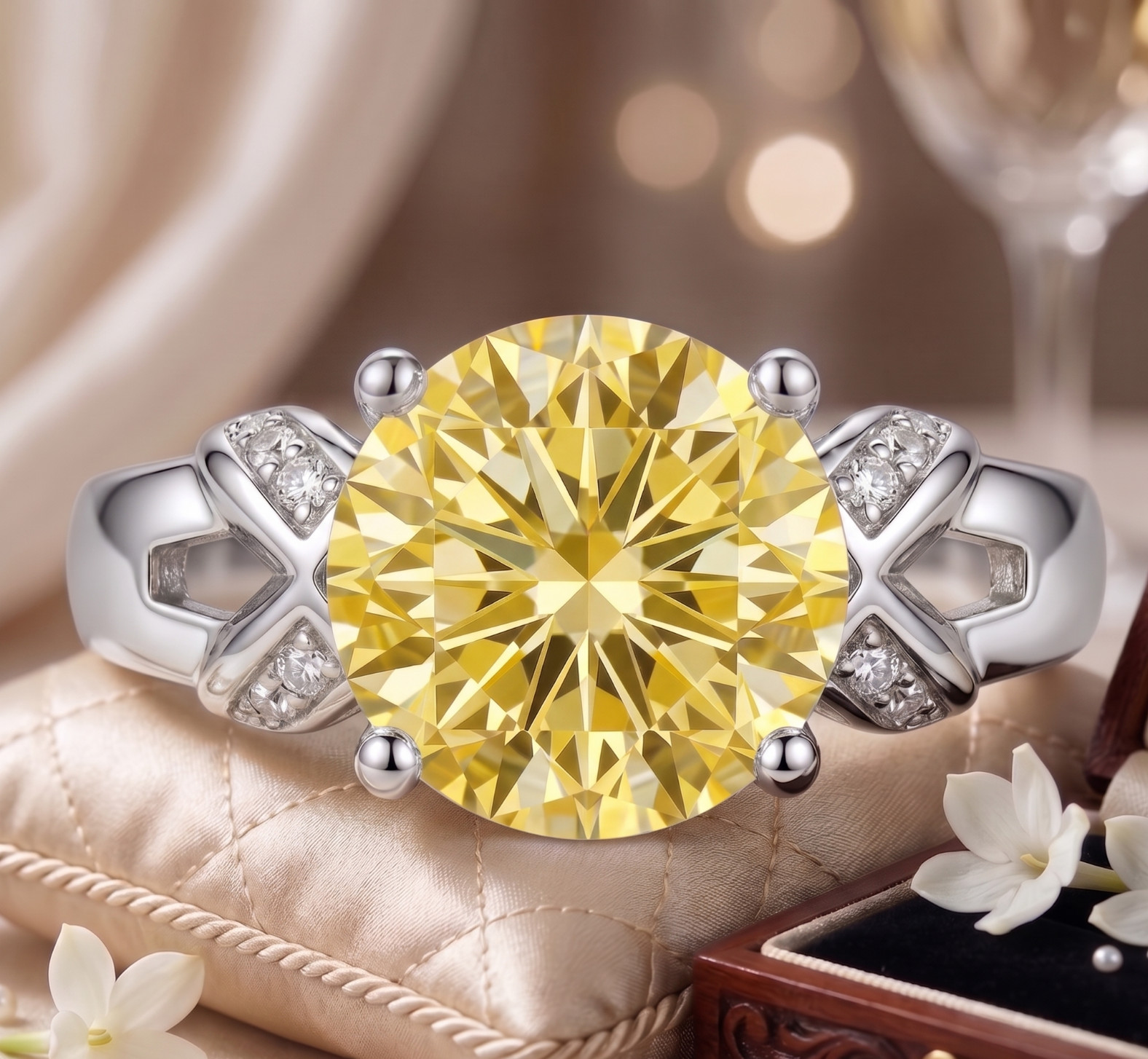 6.00 Ct Certified Round Shape Yellow Natural Diamond Ring VVS1 White Gold Finish