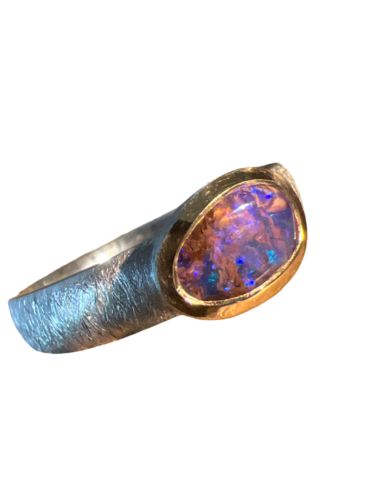 Blue Red Moon Opal 10mm x 7mm Ring in Sterling Silver with Gold Plated Setting
