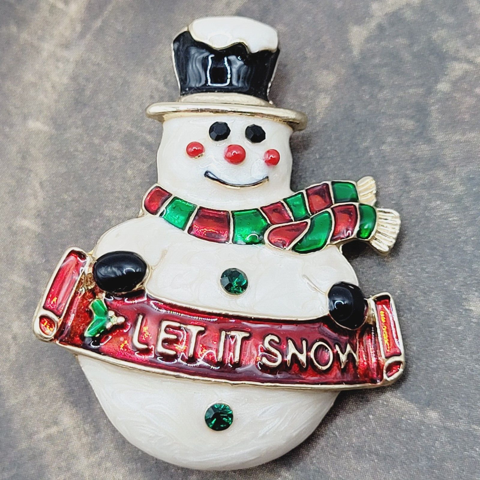 LET IT SNOW Metal and Enamel Snowman with Top Hat Scarf Gold Tone Brooch Pin