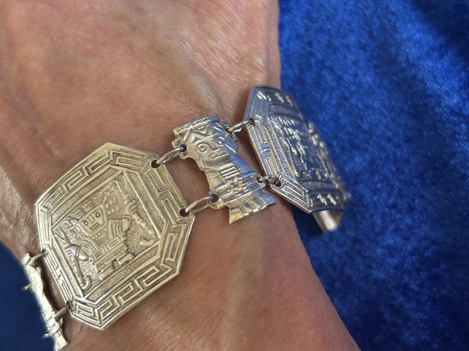 Vintage Estate Sterling Silver Inca Guardians Panel Bracelet Handmade Peru Old