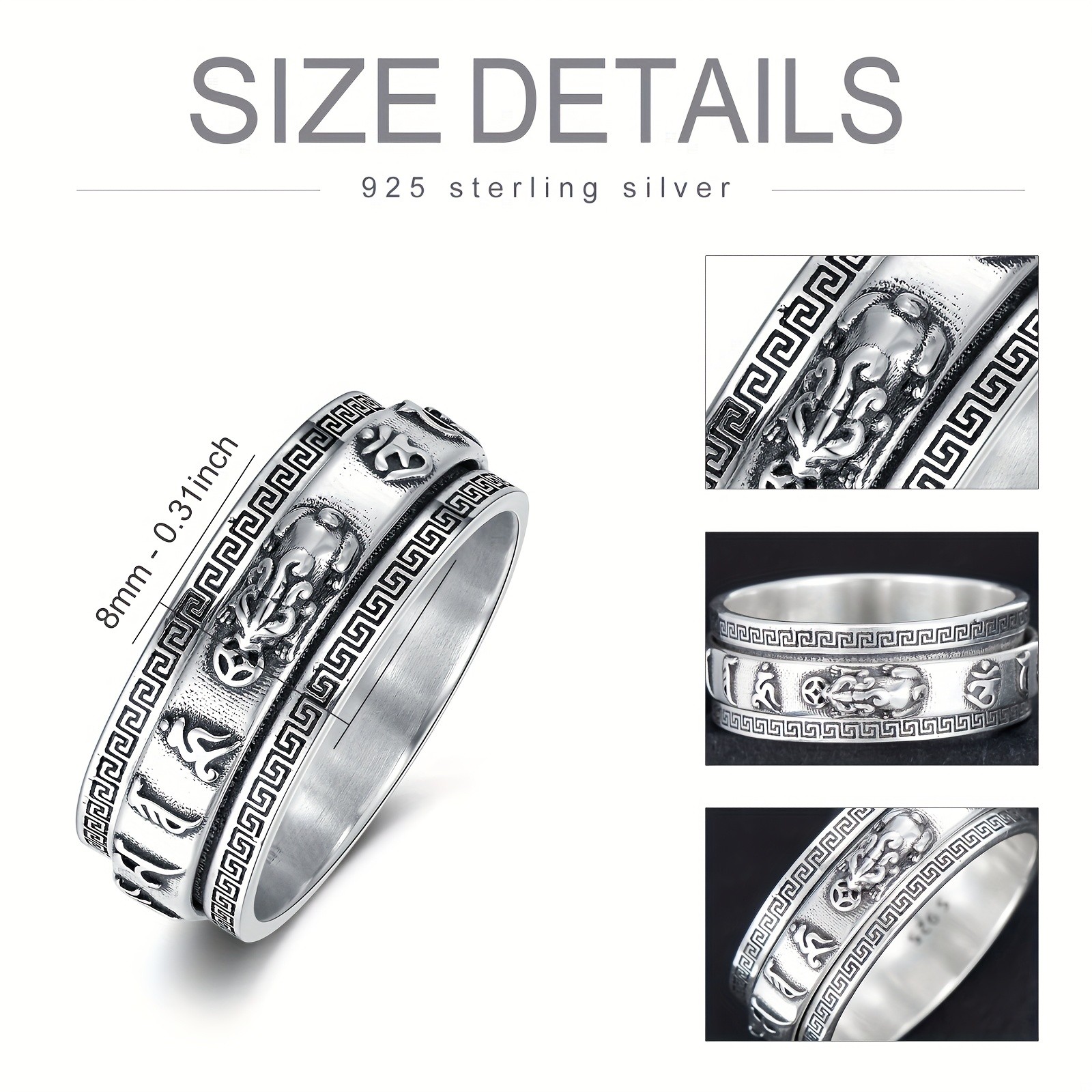 Sterling Silver Rotating Pixiu Ring With Mantra Greek Key Design Size 8 9