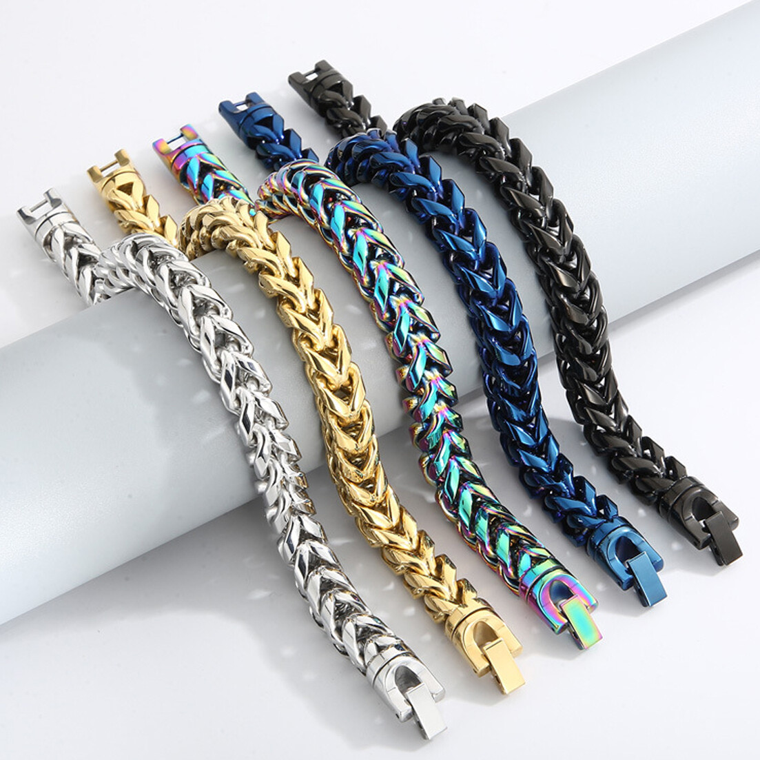 Men’s Wheat Chain Bracelet Stainless Steel Chain Bangle 5 Colors 8mm/10mm 9.05″
