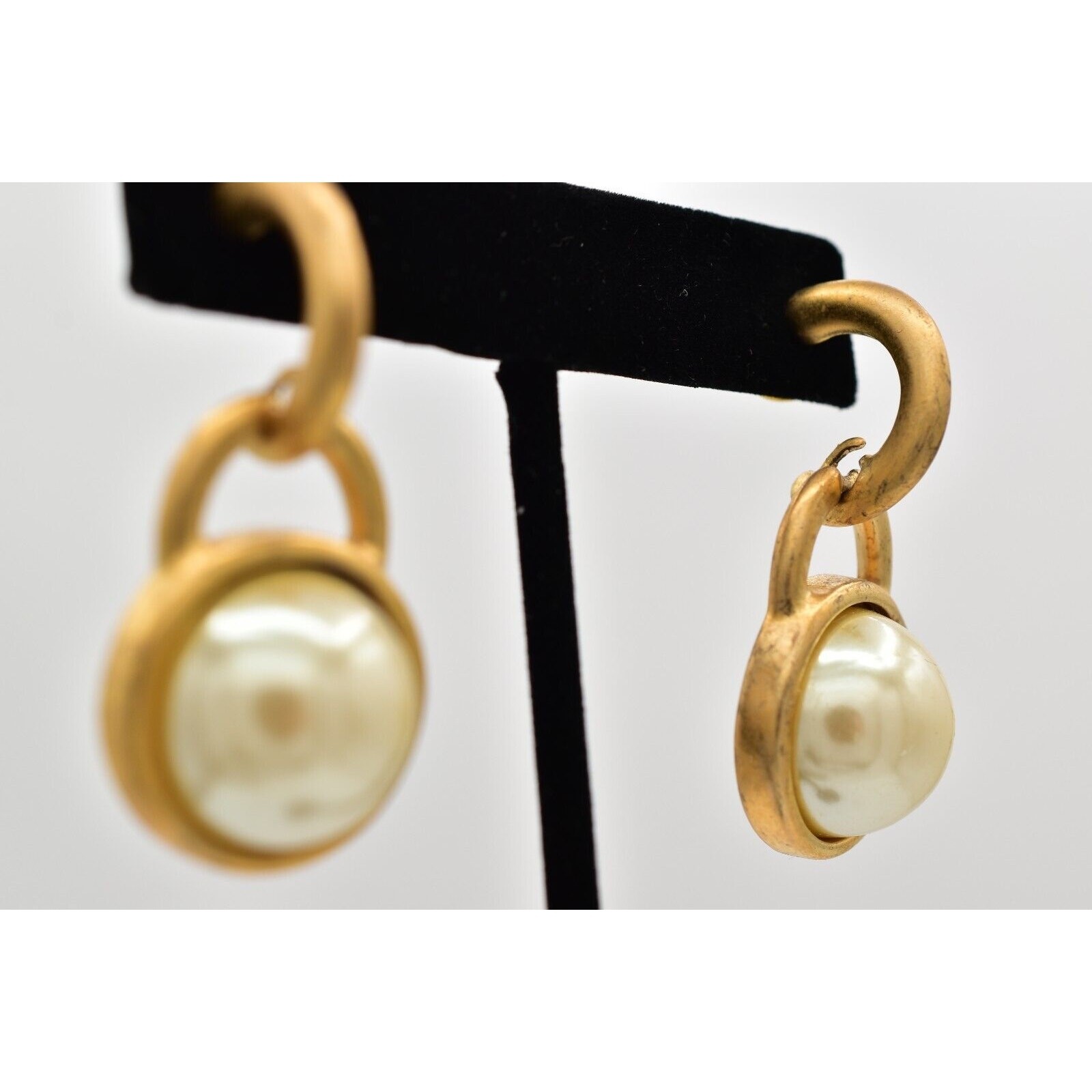 Vintage Pearl Drop Earrings Dangle Brushed Gold Matte Post Chunky NOS 1980s A23