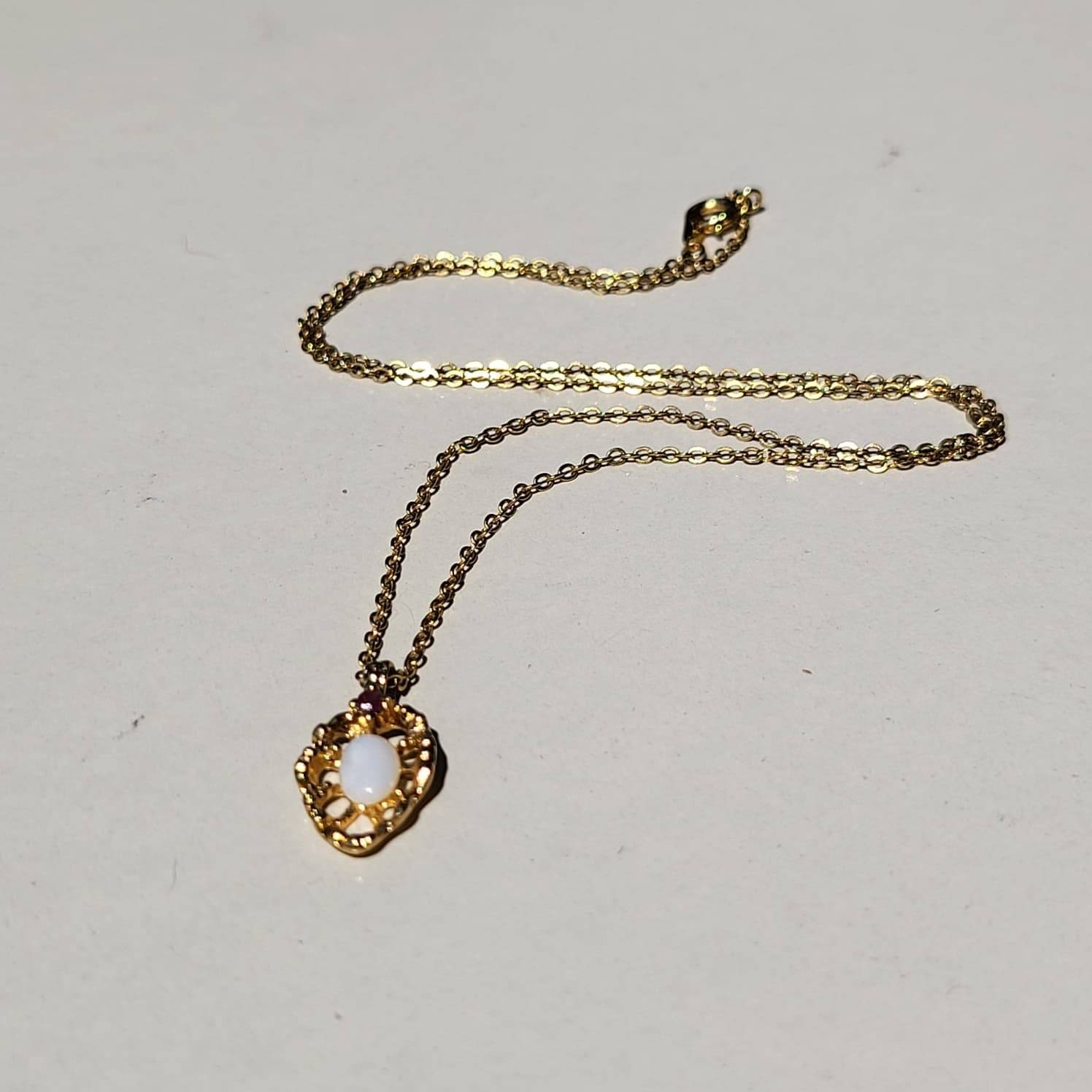 Vintage Gold Plated Genuine Fire Opal Ruby Pendant Gold White Red Necklace
