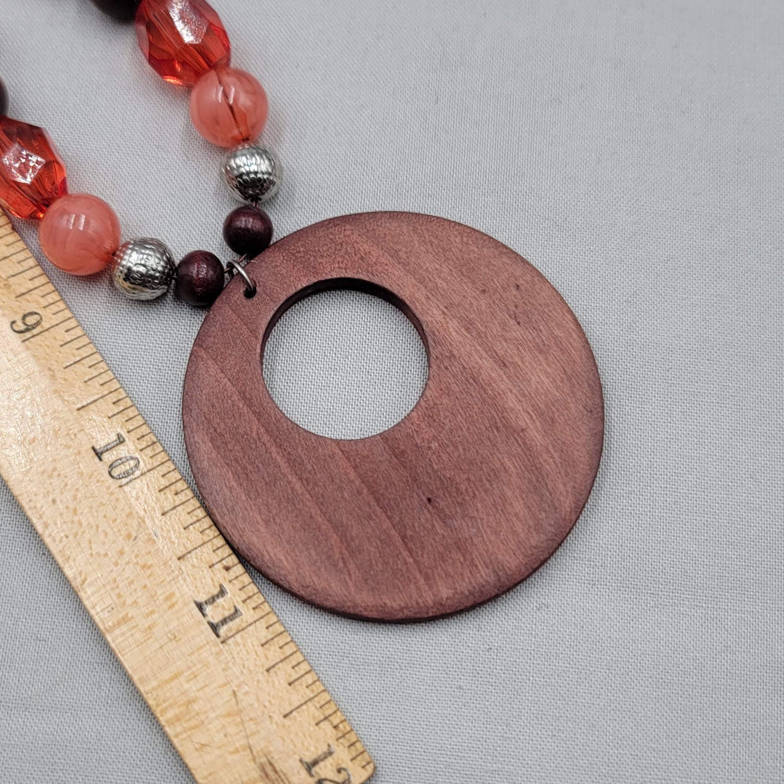 Open Round Wood Pendant Beaded Necklace Pinks Corals 20″ adj
