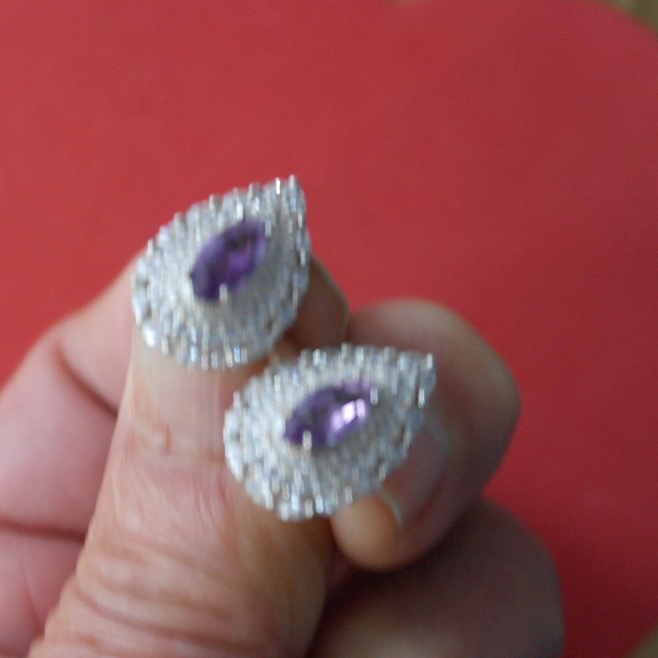 IMPRESSIVE! NATURAL! 4 X 10 mm. PURPLE AMETHYST & WHITE CZ..925 SILVER EARRINGS