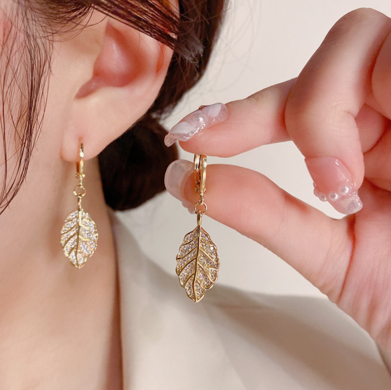 Women 925 Sterling Silver Dangle Pave CZ Hanging Leaf Huggie Hoop Earrings PE25