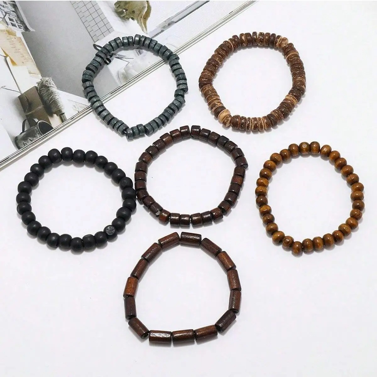6PCS Wooden Beaded Leather Bracelet Men Vintage Braided Wrap Armband Jewelry