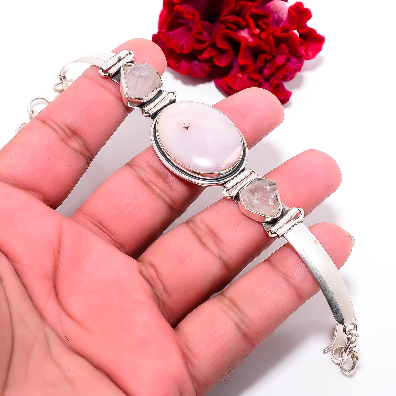 Pink Opal – Australia & Rough Pink Rose Quartz 925 Silver Bracelet 7.99″ B100107