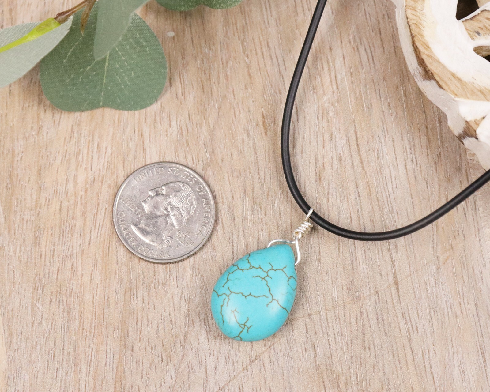 Teardrop Turquoise Pendant Necklace for Women with Leather Cord