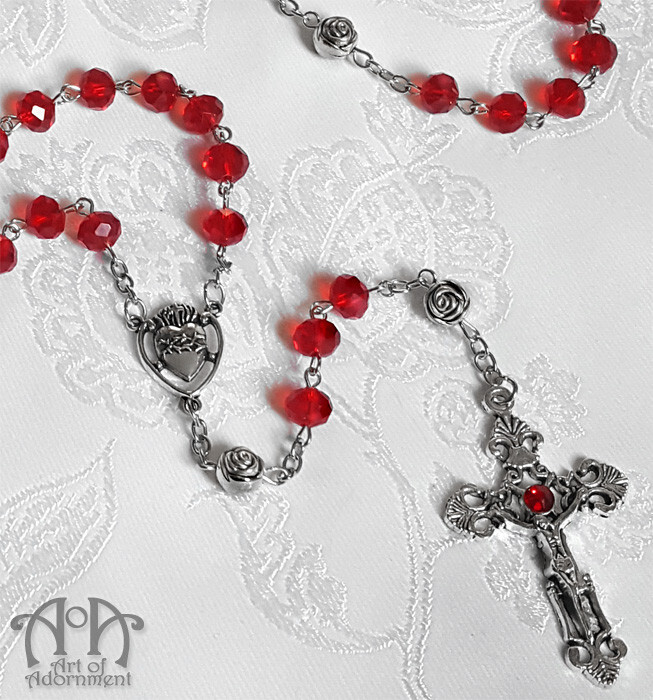Gothic Silver RED GLASS ROSARY NECKLACE Beaded Sacred Heart Cross Rose Long