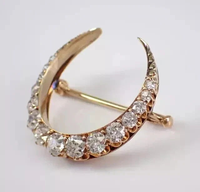 2.50Ct Round Lab Created Diamond Crescent Moon Brooch Pin 14K Yellow Gold Plated