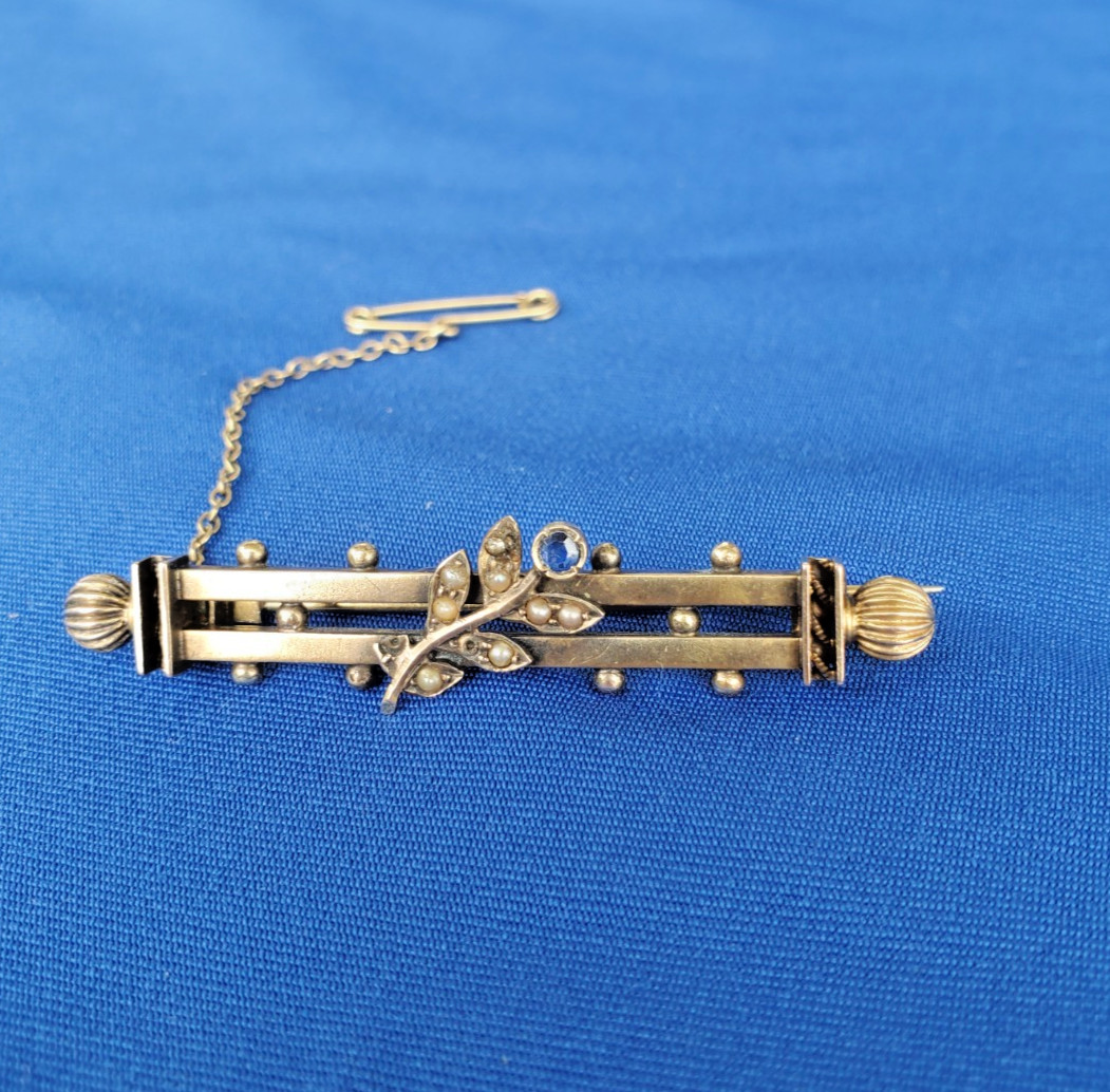 Original VICTORIAN SAPPHIRE PEARL Deco BROOCH 9K GOLD 4.2 GRAMS 2″ INCH Vintage