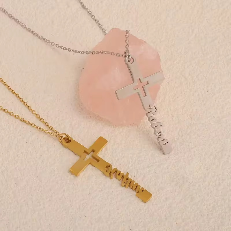 Customized Cross Name Necklace Jewelry Pendant Stainless Steel Gold Silver Chain