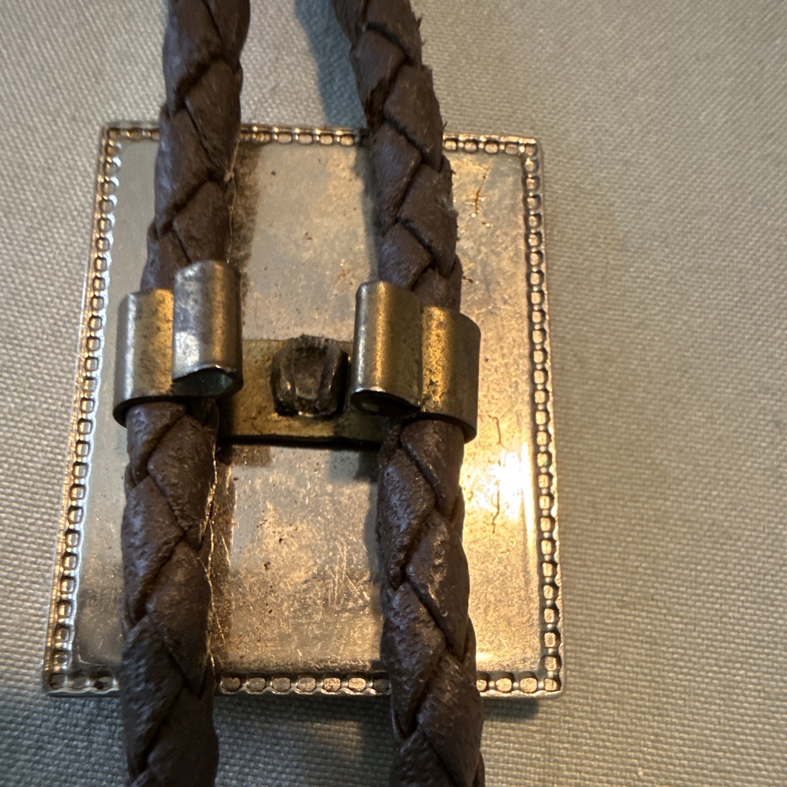 Men’s Western Brown Leather Bolo Tie Rectangle Boot Slide Silver Tone Tips