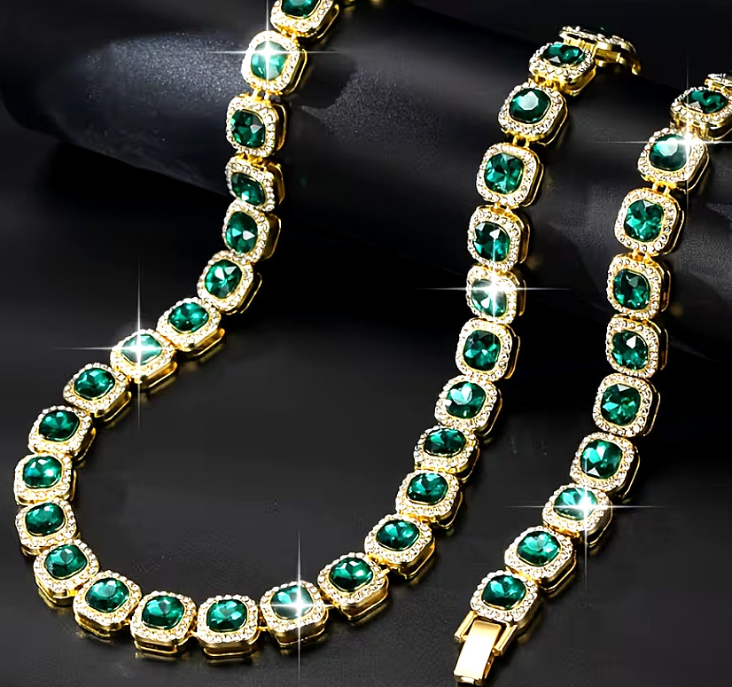 Stylish Cuban Chain Necklace And Bracelet Set with Sparkling Green Rhinestones
