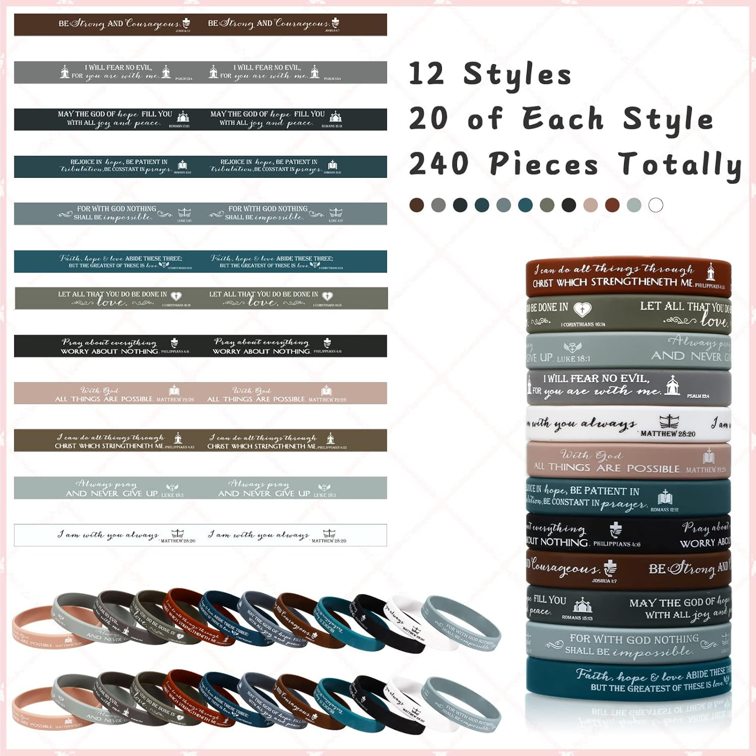 240 Pcs Bible Verse Christian Silicone Bracelets Bulk Christmas Scripture Rubber