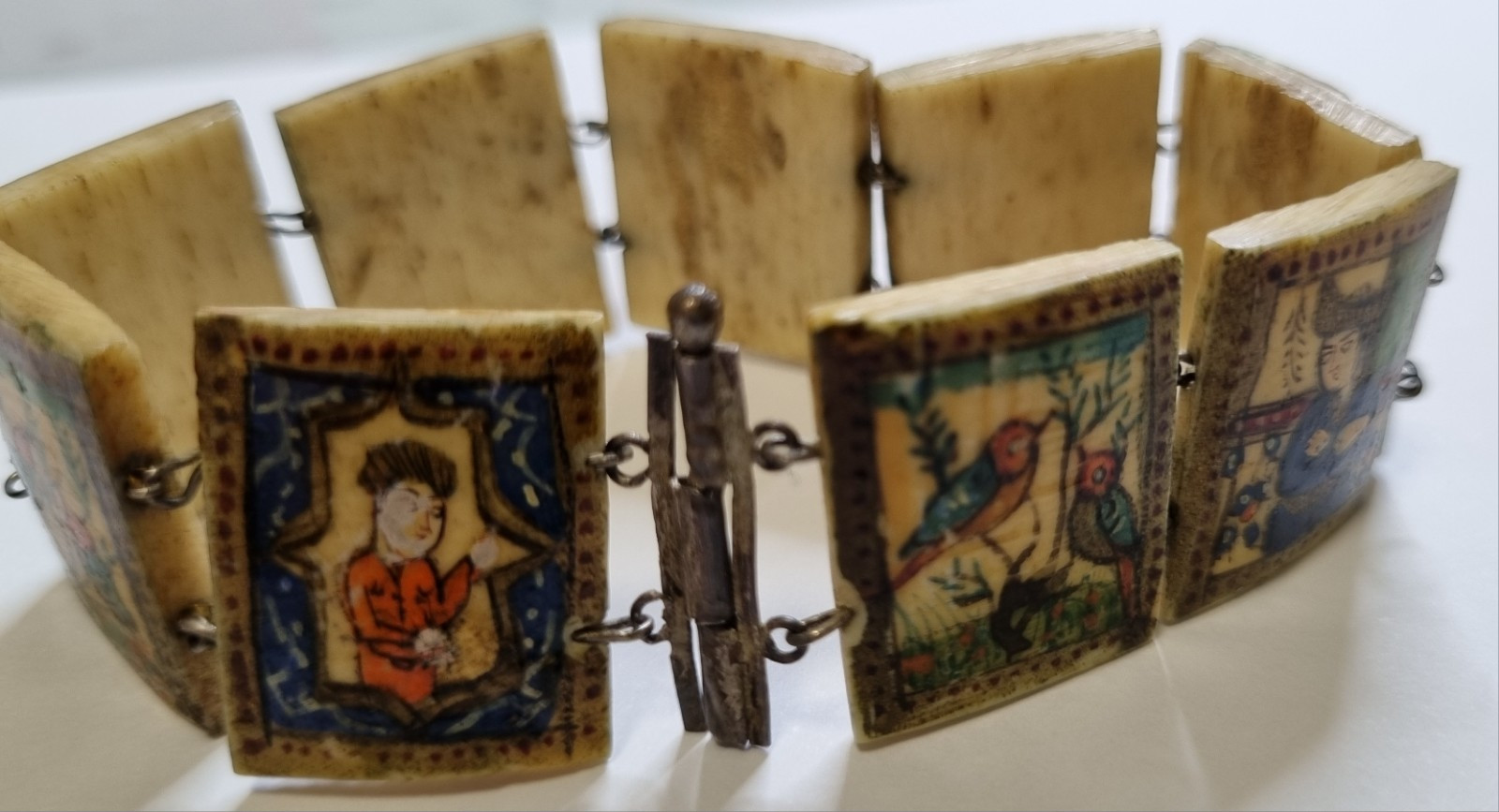 Antique Eastern European Folk Art Bone Panel Bracelet, Sterling Silver, c.1900