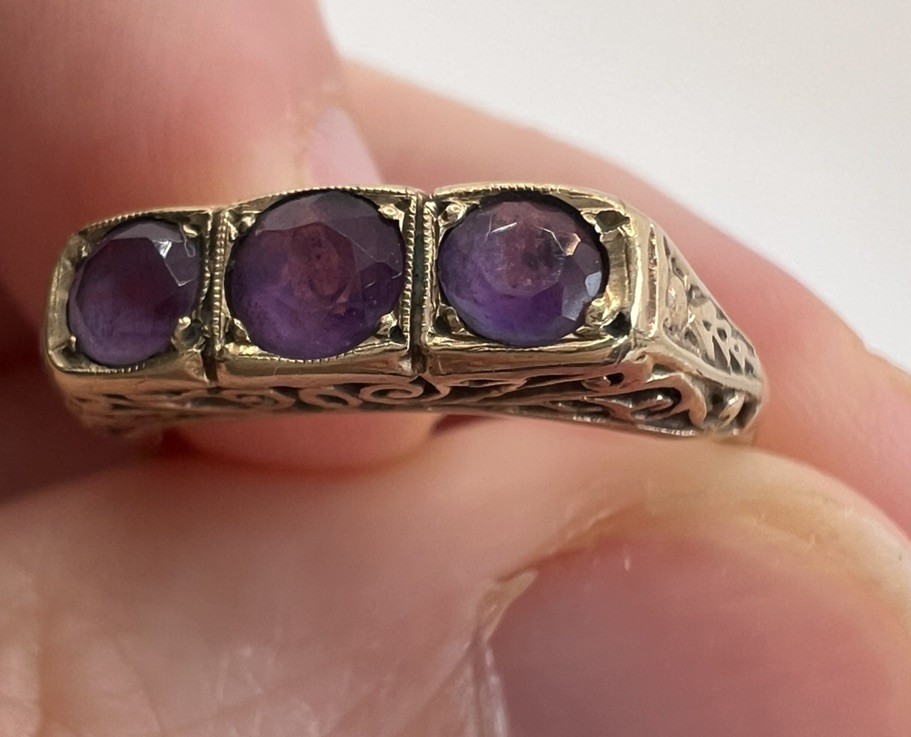 Vintage 9ct Gold Natural Amethyst Trilogy Half Hoop Ring Pierced Gallery; M 1/2