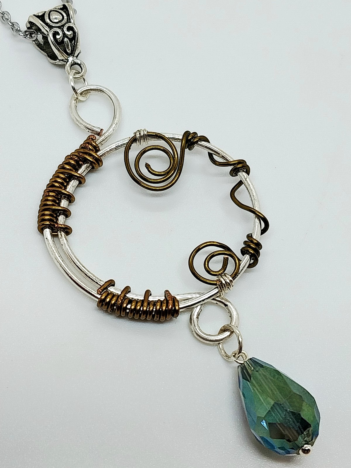 Handcrafted Artisan Mixed Metal Wire Wrapped Swirl Pendant Necklace