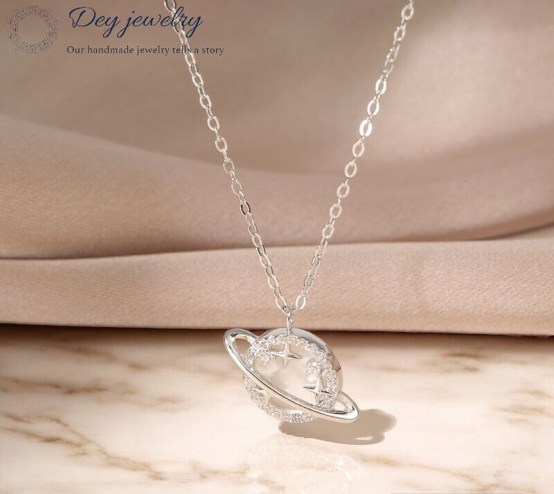 Natural Mother of pearl and CZ Gemstone Necklace 925Sterling Silver Saturn charm