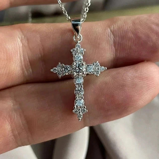 2Ct Round Cut Lab Created Diamond Cross Pendant Necklace 14K White Gold Plated