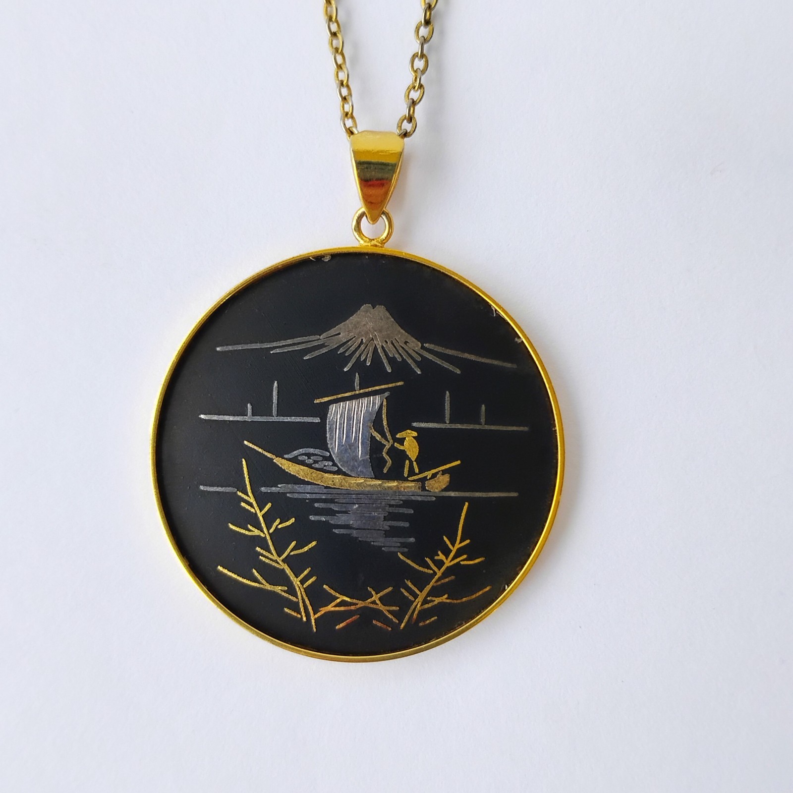 Vintage Japanese Damascene Amita Pendant Necklace plus Petite Dragon Boat Brooch