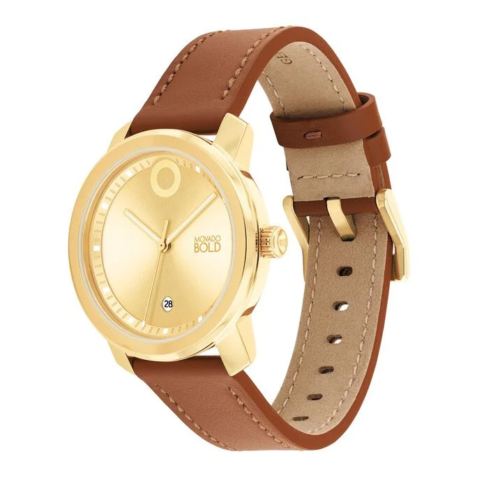 MOVADO BOLD 3600998 TREND PROPEL GOLD DIAL BROWN LEATHER STRAP WOMENS WATCH