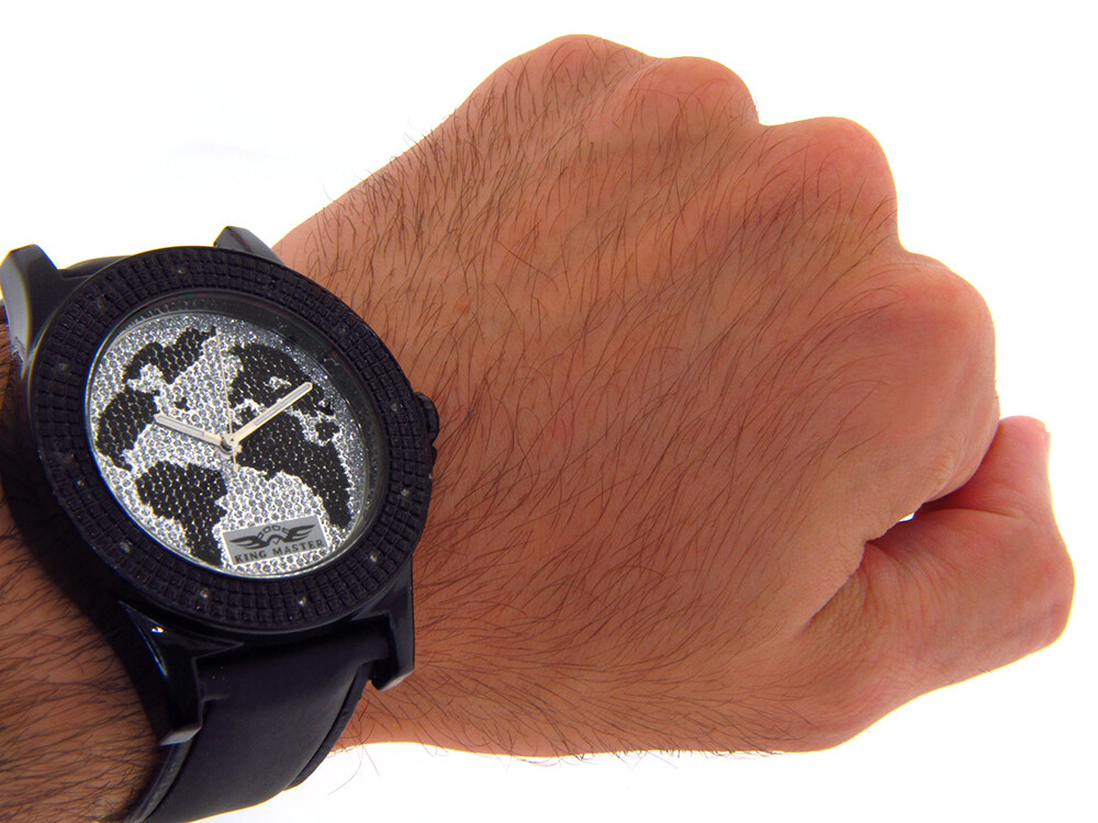 KING MASTER DIAMOND WATCH BLACK FACE LARGE BLACK CASE BAND SUPER TECHNO JOJINO